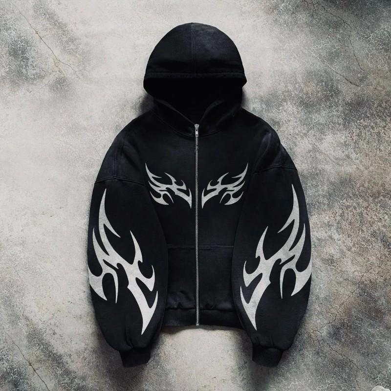 Womens Oversized Hooded Zip-Up Sweatshirt 2026 Streetwear Vintage Print Loose Fit Long Sleeve Pullover