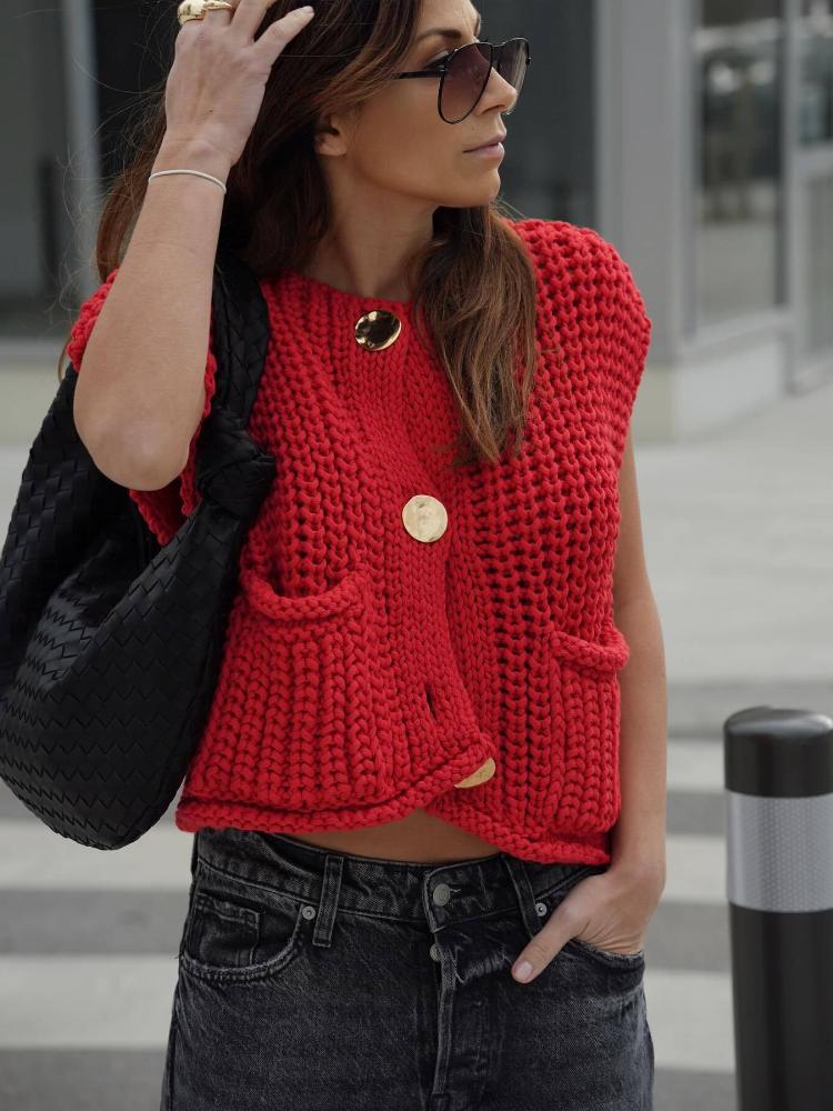 Fashion Women Knit Cardigan Vest Casual Red Sleeveless O-neck Metal Button Sweater Tank Top Lady High Street Knitted Waistcoat