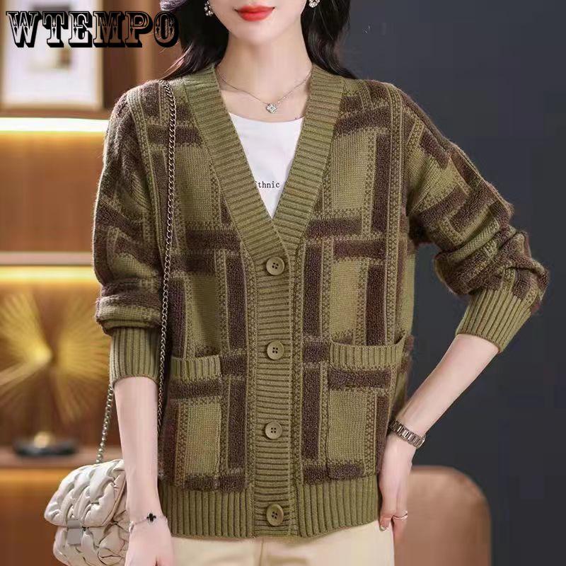 Весна и осень новый женский свободный кардиган в стиле вестерн топ жаккардовый цветной блок свитер с V-образным вырезом