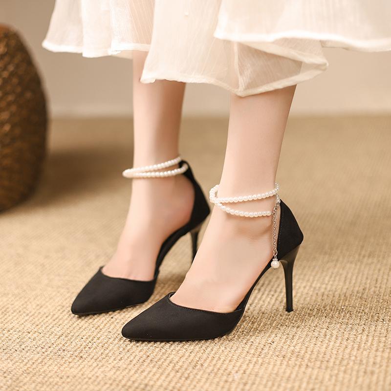 Мода Новый Стиль Мода Черные Туфли-лодочки на Высоком Каблуке Стилет Острый Носок Жемчужные Браслеты на Щиколотке Обувь Высокого Класса Модная Удобная Женская Обувь