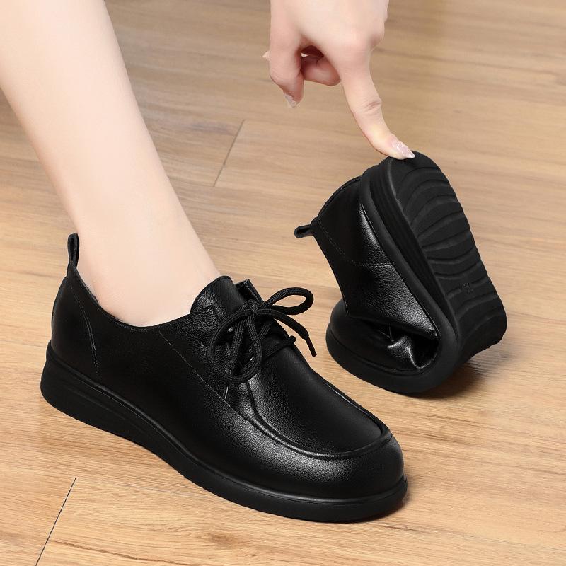 Женские черные рабочие туфли на шнуровке, весенне-осенние, из мягкой кожи, с мягкой подошвой, не устают после долгого стояния,