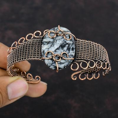 Браслет из пинолита с яшмой, медная проволока, браслет-манжета, регулируемый браслет, подарок на помолвку, браслет ручной работы с драгоценными камнями, медная проволока, ювелирные изделия