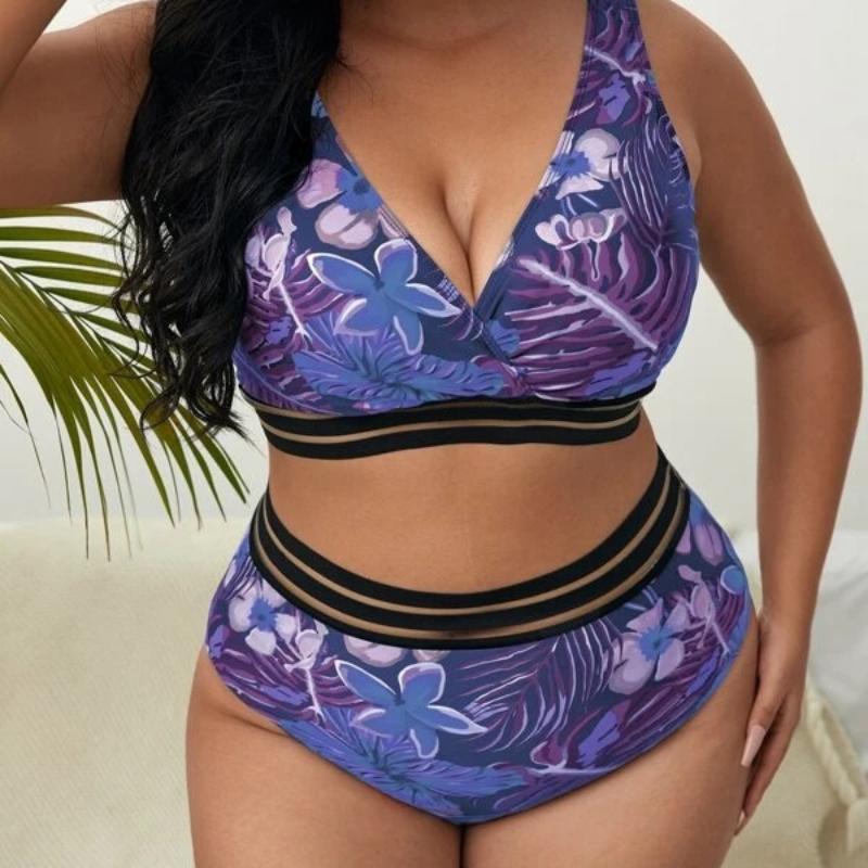 Купальники больших размеров, комплект из 2 предметов, женские комплекты бикини с высокой талией и пуш-ап, летние большие купальные костюмы с цветочным принтом