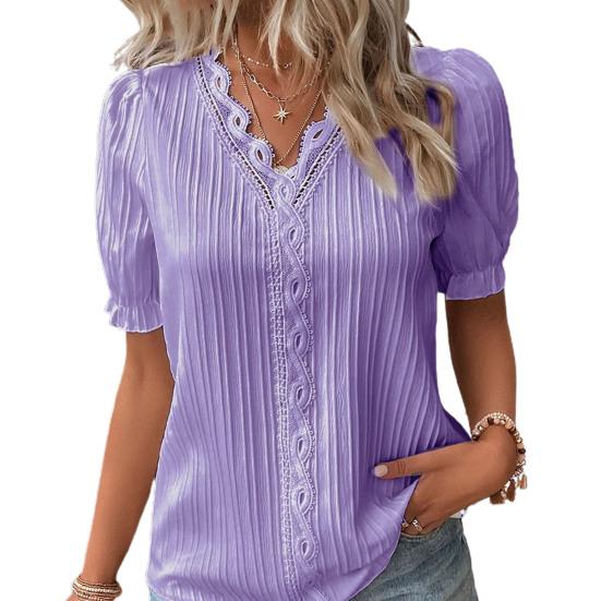 Women Top Solid Color Hollow Out Short Sleeve V-neck Shirring Daily