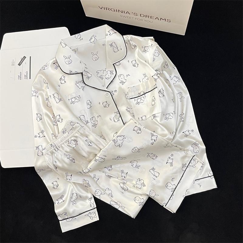 Пижама женская атласная пижама с длинными рукавами пижамный костюм с цветочным принтом высококачественный ледяной шелк можно носить на улице