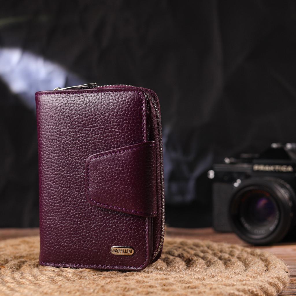 Практичное вертикальное женскон портмоне с монетницей на молнии из натуральной кожи флотар CANPELLINI Wallet 21601 Фиолетовое