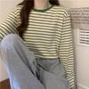 В наличии Свободный Облегающий Универсальный Черно-белая полоска Базовый слой Тонкий С круглым вырезом Футболка с длинным рукавом Женская