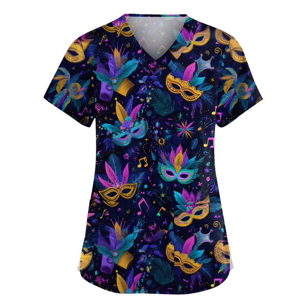 Женская мода V-образный вырез короткий рукав комбинезон с карманами принт топы одежда