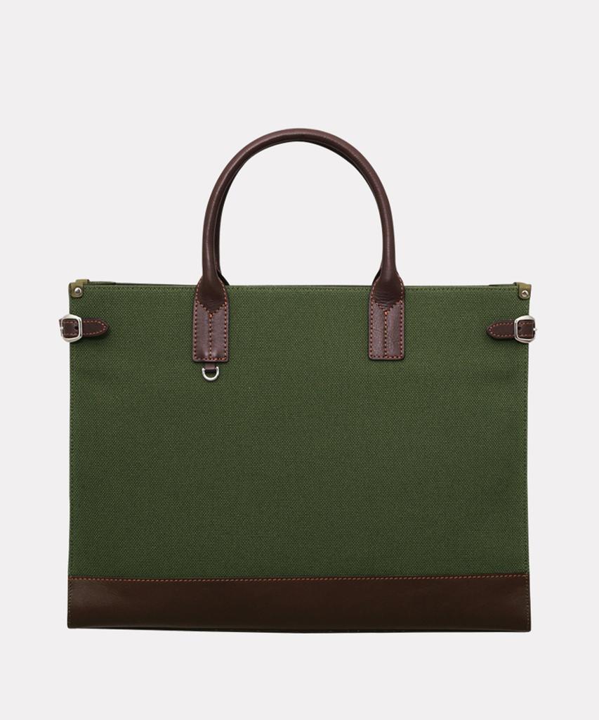 Matt Slim Canvas Leather Square Bag (Khaki + Dark Brown) B42918