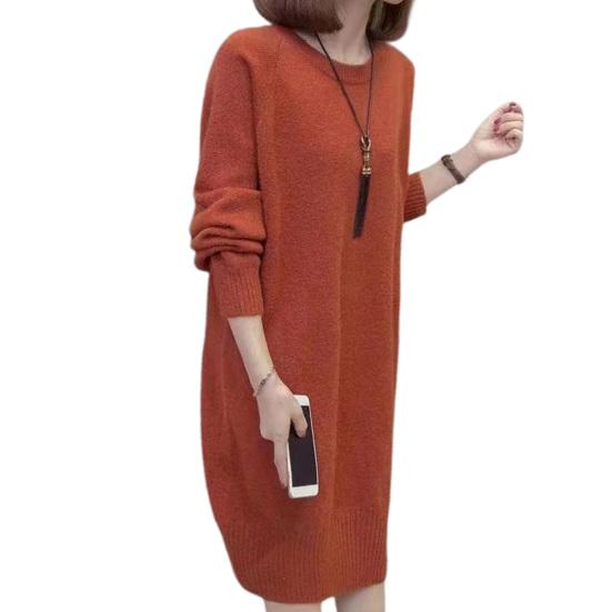 Женское платье-свитер с круглым вырезом, вязаное однотонное свободное эластичное платье с длинными рукавами и толстым теплым пуловером длиной до середины икры, женское осеннее платье миди
