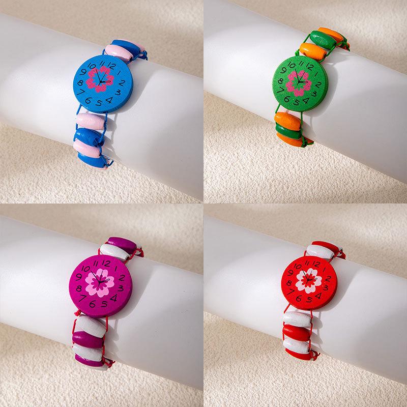 Cute Cartoon Children'S Colorful Bracelet Wood Watch Shape Bracelet Wood Painted Flower Bracelet