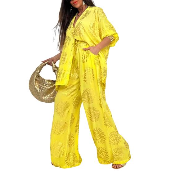 Женские костюмы-двойки с крупным принтом, рубашка на пуговицах с длинным рукавом, брюки с широкими штанинами на резинке, повседневный костюм для отдыха