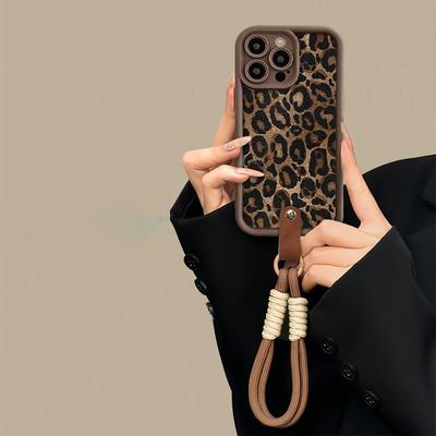 Зимний чехол с леопардовым принтом для iPhone 16 15 14 13 11 12 Pro Max Plus, симпатичный короткий нейлоновый шнурок для подвешивания на веревке