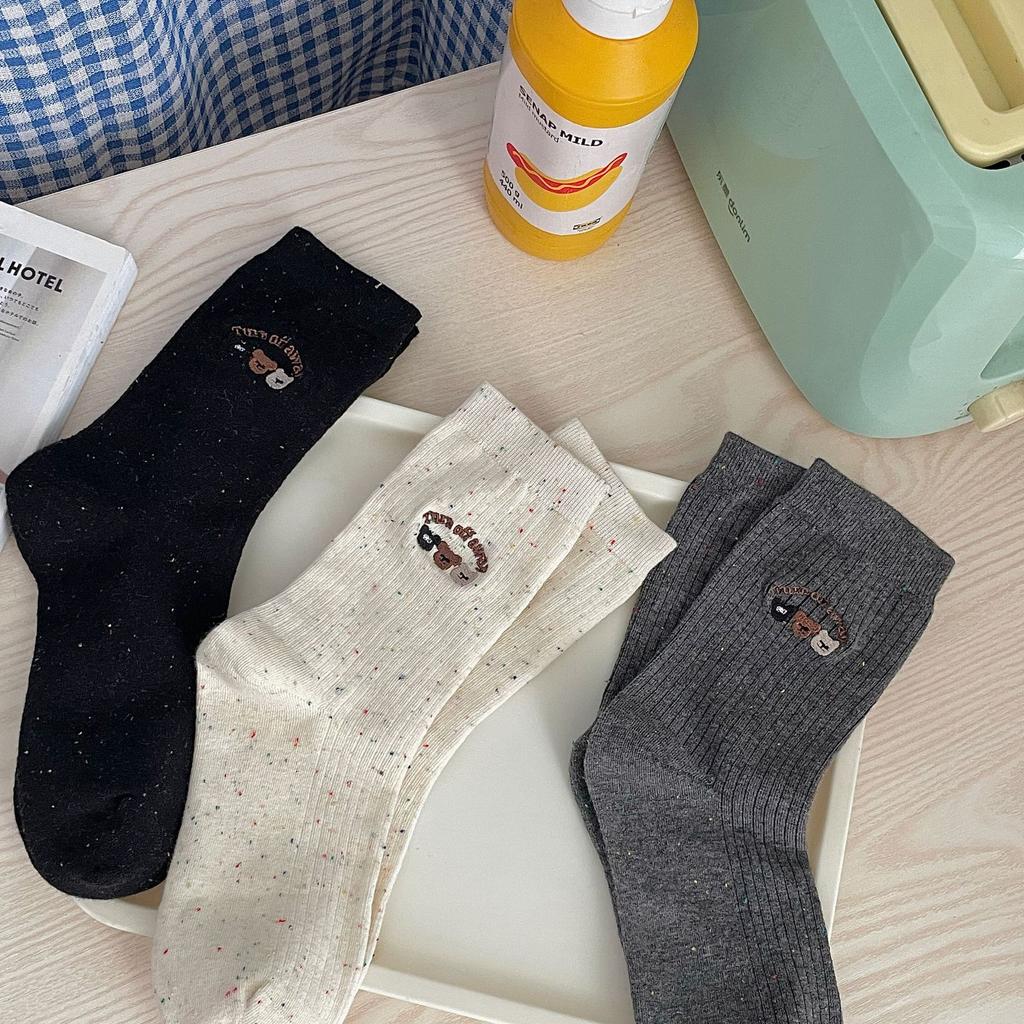 Cartoon Bear Embroidery Socks Spring And Autumn Idea Yarn Versatile Long Pile Socks Casual Versatile