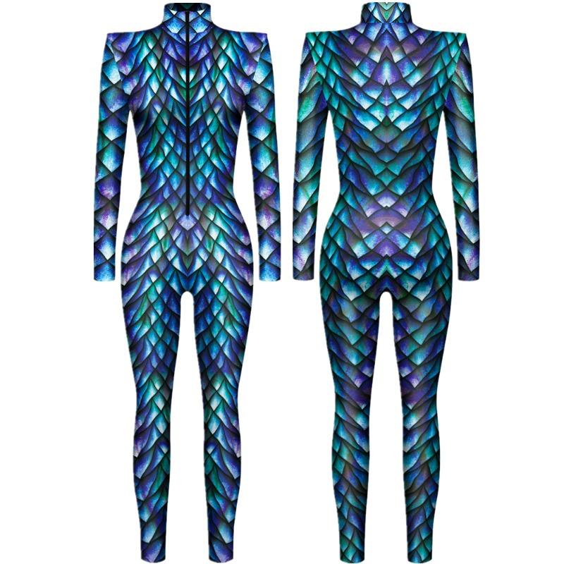 Животное Чешуя Павлинье Перо Змеиная Кожа Интересный Панк Готика Женщины Сексуальный Хэллоуин Тонкий Комбинезон Косплей Костюм Боди
