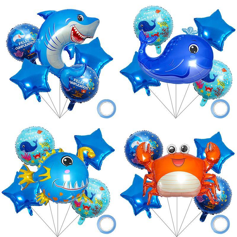 Marine Animal-themed Aluminum Film Spherical Balloon Party Decoration Pentagram Crab Shark Lantern Fish Whale Aluminum Film Balloon Set