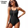 Womens One Piece Swimsuits Ribbed Bathing Suits Scallop Trim Swimsuits Button Details Swimming Suit