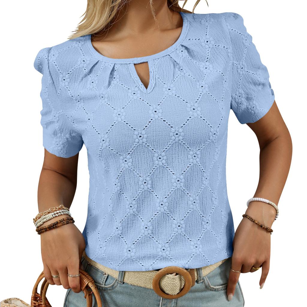 2025 Весна/Лето Новая однотонная футболка с круглым вырезом и коротким рукавом на пуговицах с открытыми плечами