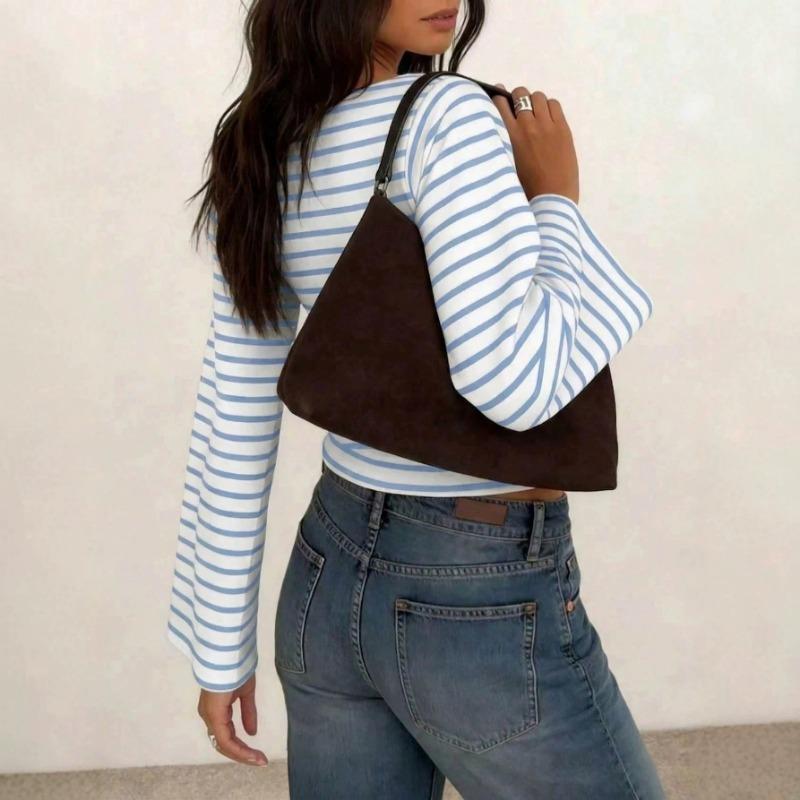 Women Y2k Round Neck Flared Long Sleeve Slim Fit Casual T Shirt