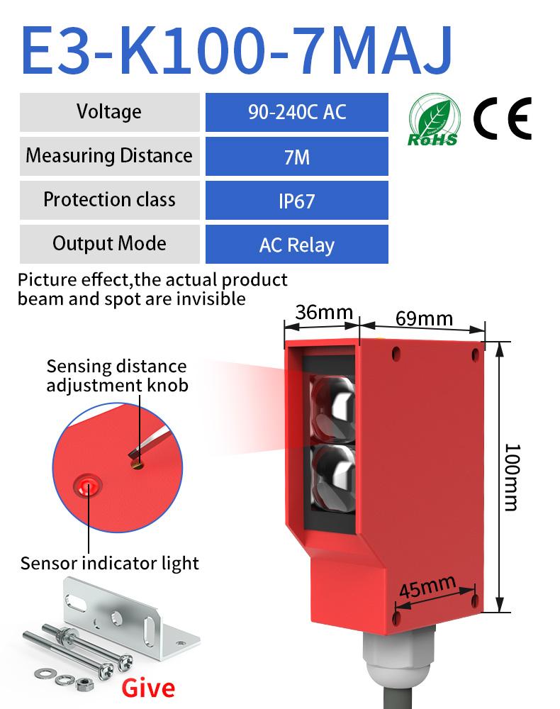 Square Photoelectric Sensor Optic Infrared Switch Diffuse Reflection IP67 Waterproof 24-220V AC DC Universal 7m Distance