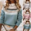 Women Sweater Round Neck Long Sleeve Crochet Knit Pullover Sweater Geometric Pattern Patchwork