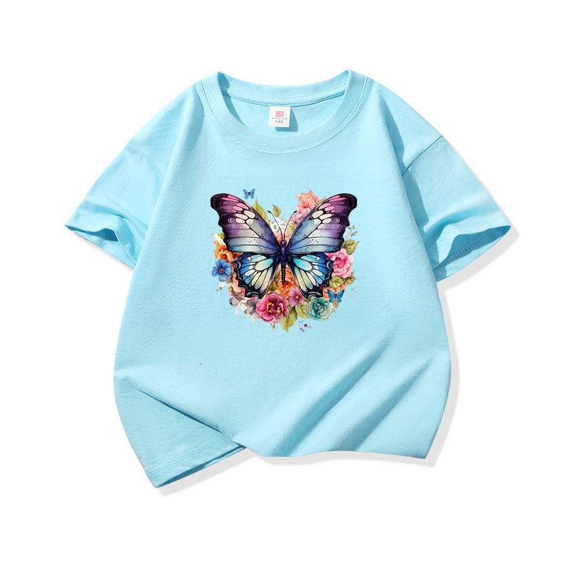 Kids Cotton T Shirt Colorful Floral Watercolor Butterfly Print Crew Neck Short Sleeve Tee Casual Boys Girls Summer Tops