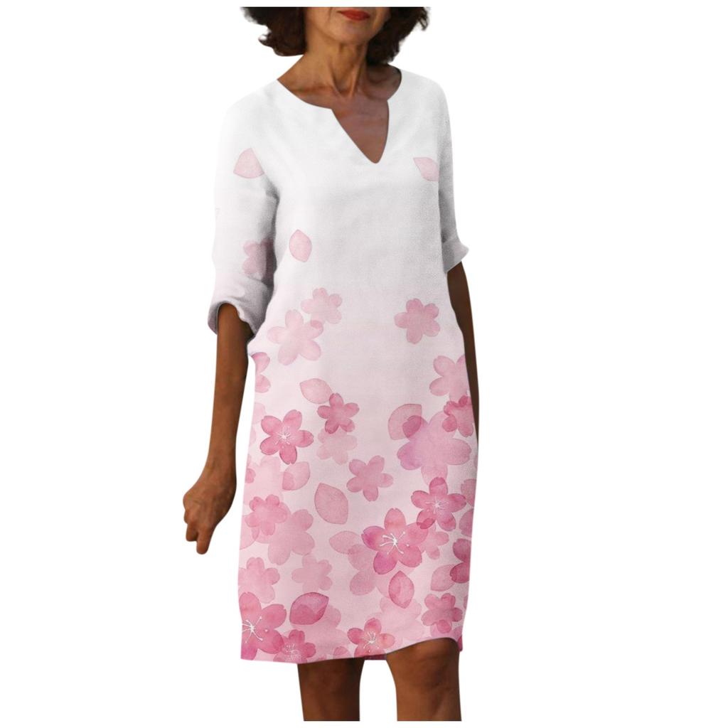 Women's Summer Casual Vintage Floral Leaf Print V-neck Half-sleeve Dress