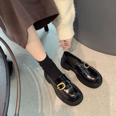 Туфли-лоферы с квадратной пряжкой и толстой подошвой, круглые, универсальные, мягкие, кожаные, одинарные, на толстом каблуке, в британском стиле, маленькие, кожаные, женские