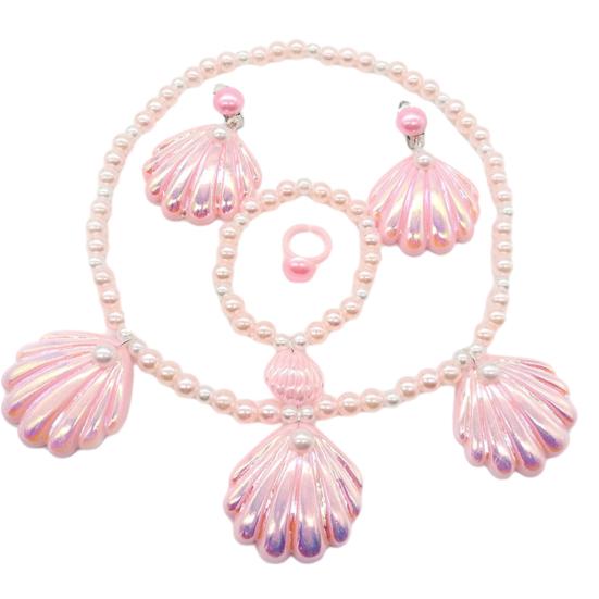 1 комплект, розовый с ожерельем, комплект ювелирных изделий в форме русалки, браслет из искусственного жемчуга, зажим для ушей, экологически чистое ожерелье из ракушки
