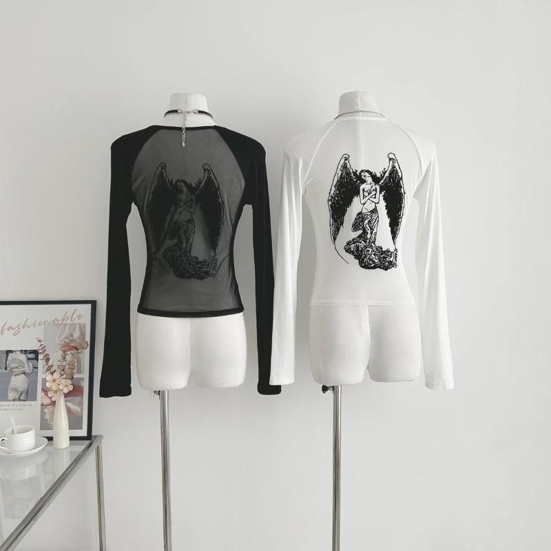 Черная футболка с принтом ангела в стиле ретро для женщин, весенняя мода 2024, приталенная футболка Y2k, топы с длинными рукавами для девочек, новинка Mujer
