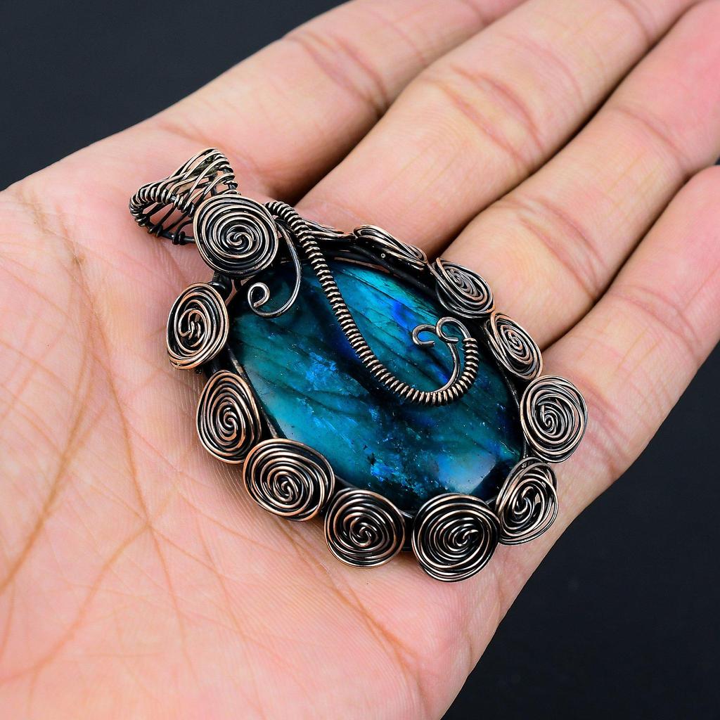 Синий вспышка лабрадорит драгоценный камень медная проволока обертывание ручной работы дизайнер кулон ювелирные изделия подарок