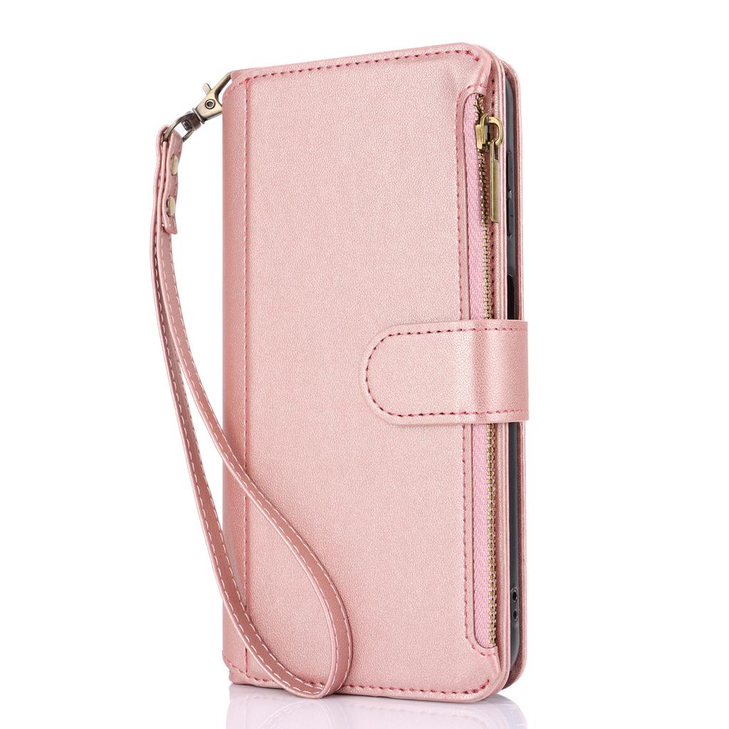 Multi Card Zippered Wallet with Short Hand Rope and Long Hanging Rope Phone Cover Case for iPhone Series/Samsung Series