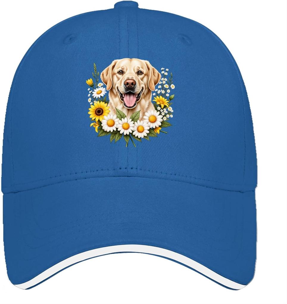 Labrador Dog Sunflower Daisy Floral Print Baseball Cap Unisex Polyester Adjustable Outdoor Hat