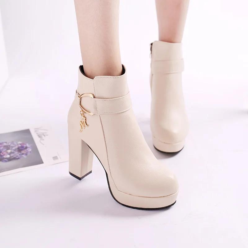 Autumn Winter Women Fashion Ankle Boots New Warm Velvet Chunky High Heels Shoes Snow Boots Comfort Soft Leather Cotton Shoes
