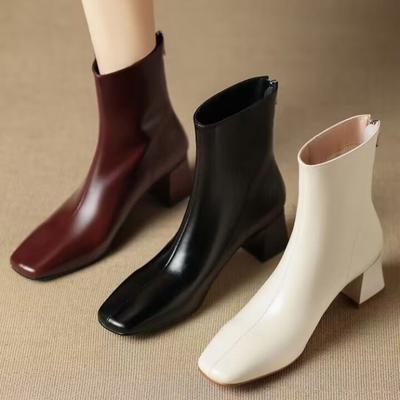 Французский толстый каблук 2024 осень новые белые тонкие сапоги из натуральной кожи на высоком каблуке весенние и осенние одинарные сапоги