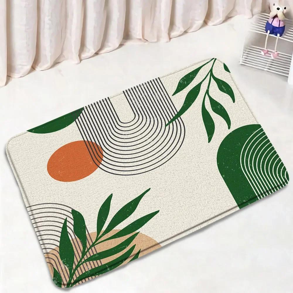 Abstract Mid Century Bath Mat Set Black Line Green Leaf Modern Geometric Boho Home Carpet Bathroom Decor Floor Rugs Toilet Cover