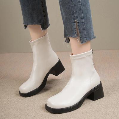 Мода 2024 года, высококачественная обувь для женщин, женские ботильоны, модные женские туфли с застежкой-молнией сзади для офиса и карьеры, горячая распродажа, квадратный сплошной носок, каблуки для женщин