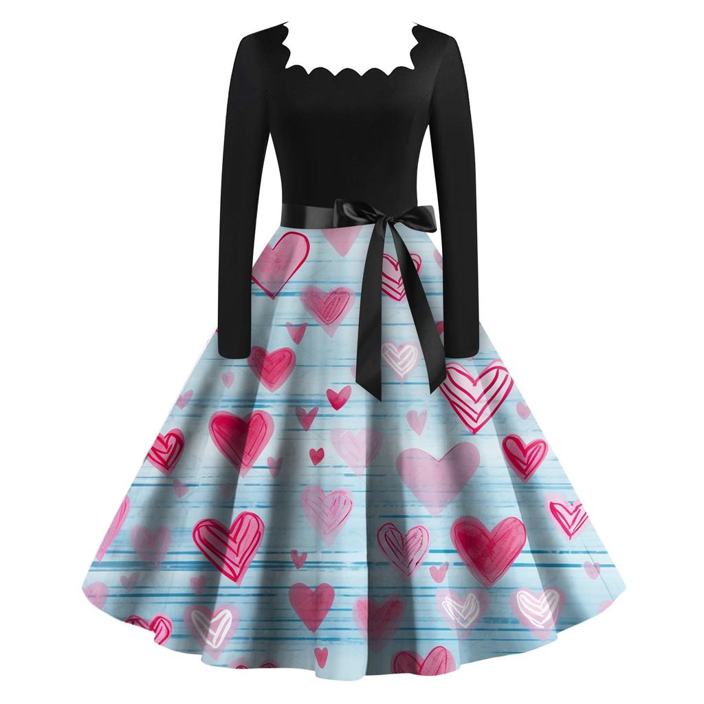 Женское винтажное классическое платье с длинным рукавом и принтом ко Дню святого Валентина, свободное платье с квадратным воротником