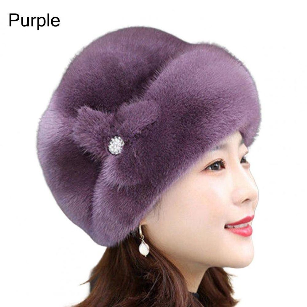 Faux Rabbit Fur Bucket Hats Flower Decor Middle-aged Cap Fashion Thermal Hat  Autumn Winter
