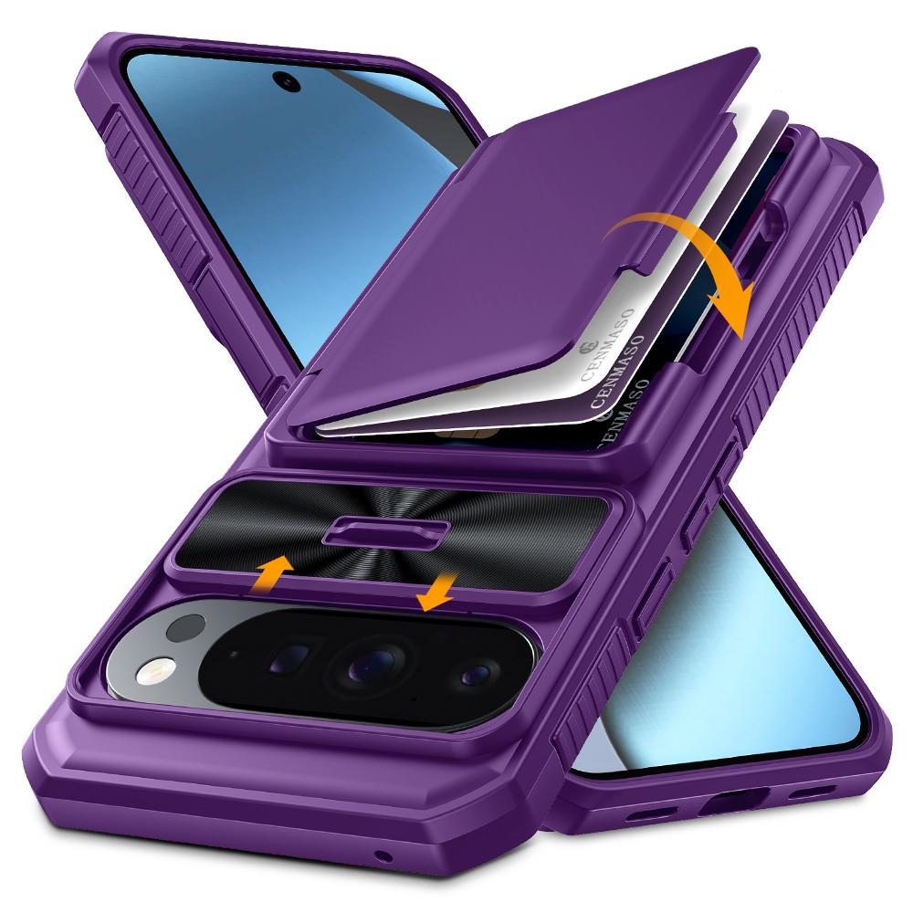 With Card Holder Sliding Camera Cover And Stand For Google Pixel 10 Pro XL Phone Case, Anti-Fall PC+TPU Wallet Case-Purple