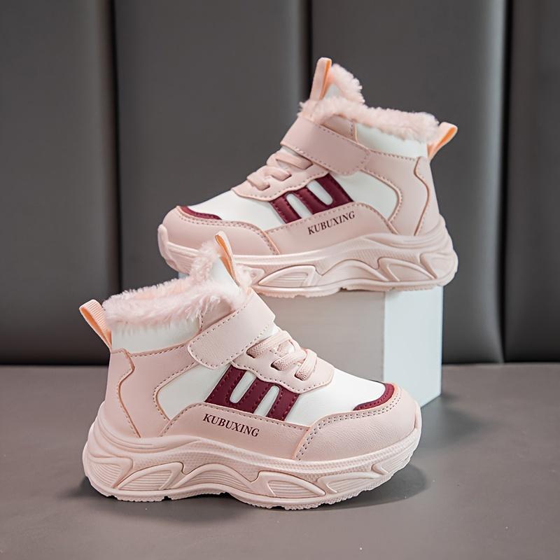 Kids Mid Top Casual Sneakers Faux Fur Trim Solid Color Fabric Upper Lining Insole PVC Sole Magic Tape Closure Boys Girls Aged Under