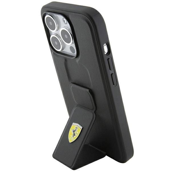 Ferrari Grip Stand Metal Logo Case For Iphone 15 Pro - Black
