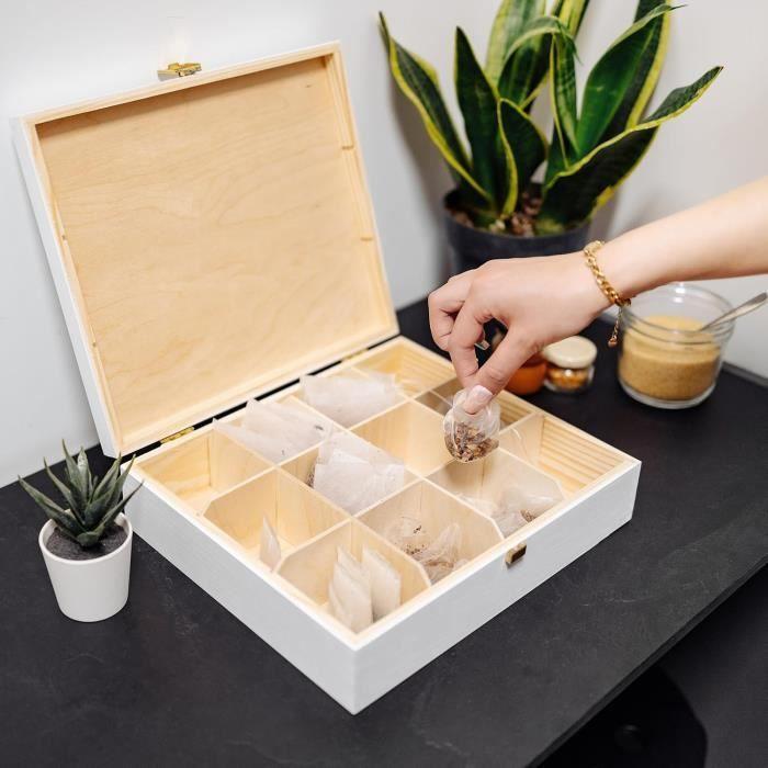 Boîte À Thé En Bois Blanc - CREATIVE DECO - 29 X 25 X 7,5 Cm - 12 Compartiments - Diviseurs Amovibles