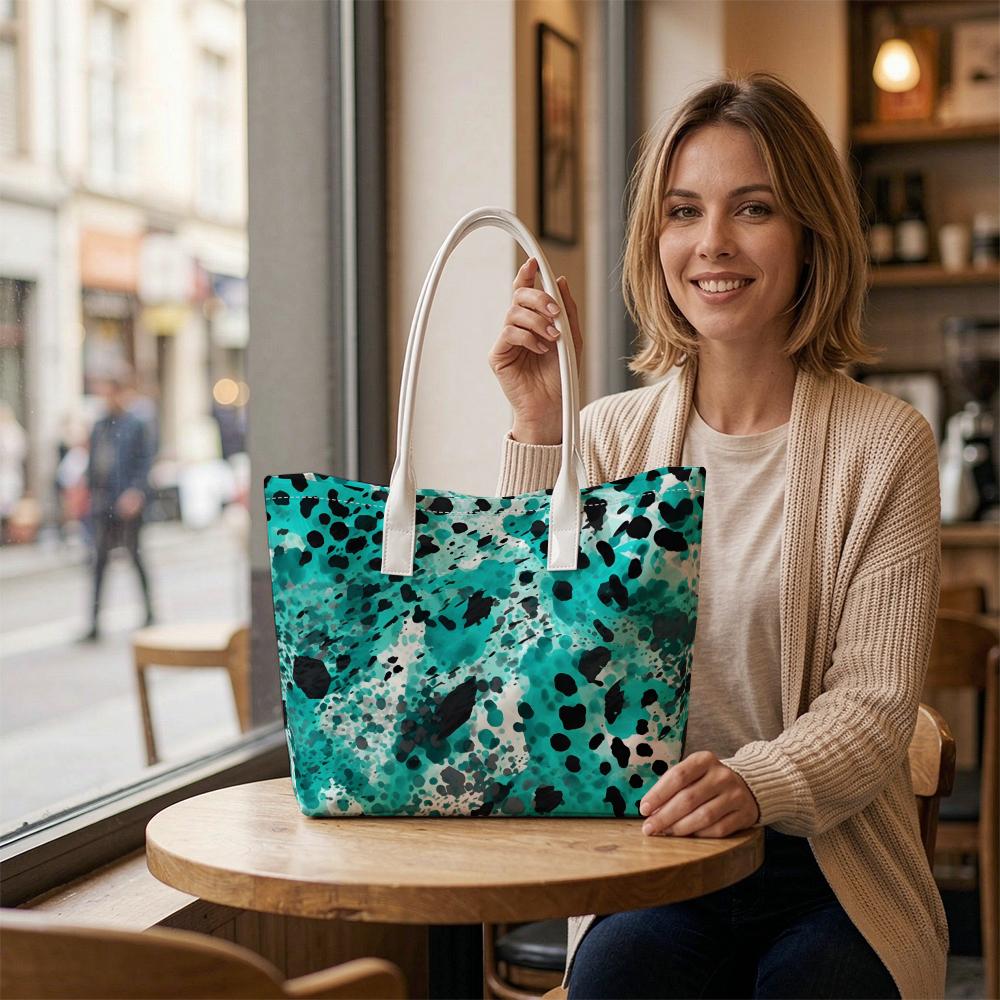 Teal Leopard Print Tote Bag Large Capacity Fashion Casual Shoulder Handbag for Daily Travel Shopping