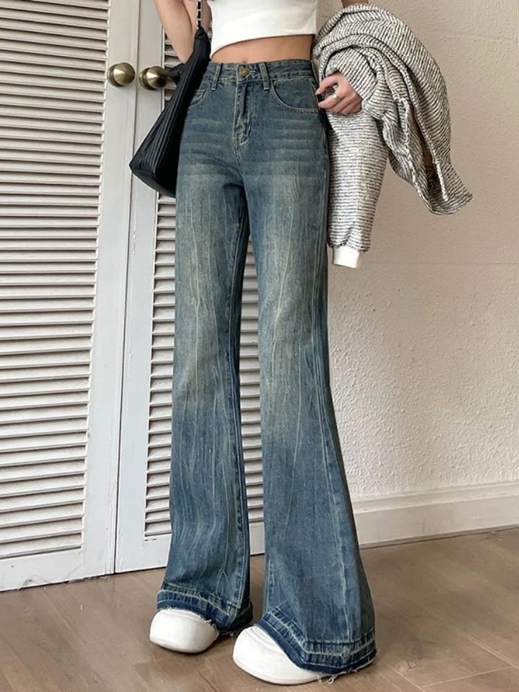 Korean Fashion Slim Casual Vintage Blue Women‘s Jeans Winter American Style Chic Office Ladies Pockets Basic Female Flare Pants