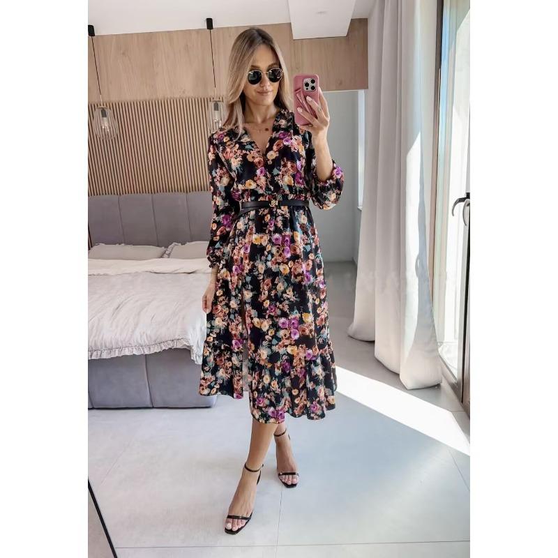 Женские осенние и зимние новые V-образные вырезы с мелкими сломанными цветами сексуальные длинные платья