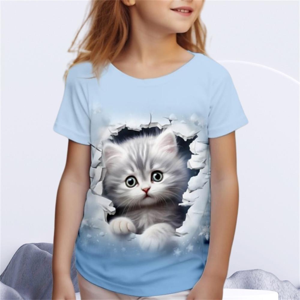 Детская одежда для мальчиков и девочек Футболка с принтом 3D Cat и короткими рукавами, топ с круглым вырезом