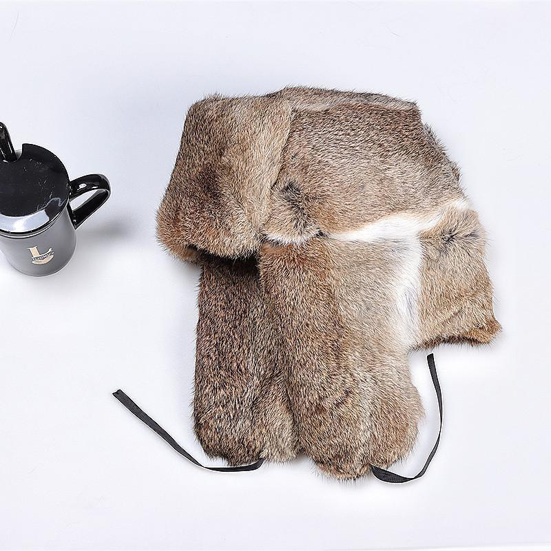 Rabbit Fur Cap Man Winter Genuine Fur Bomber Hat Windproof Warm Earmuffs Male Flat Grey/Black Russian Winter Rabbit Fur Hat
