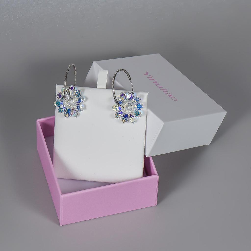 Серьги-кольца из стерлингового серебра 925 пробы с ослепительными переливающимися цветами ромашки и ювелирными изделиями из австрийских кристаллов Aurora Borealis