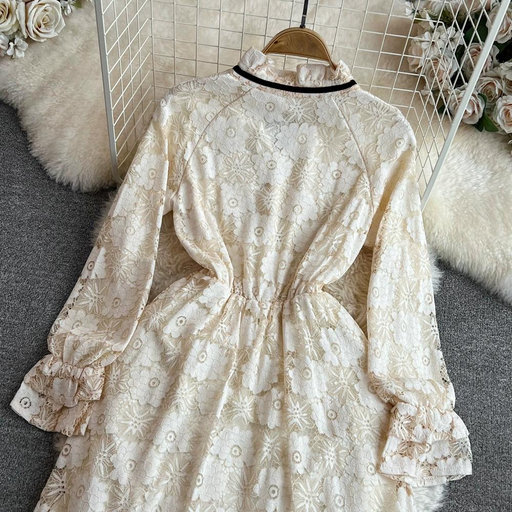 Весенне-осенние женские винтажные повседневные платья с воротником-стойкой бежевого цвета с длинными рукавами